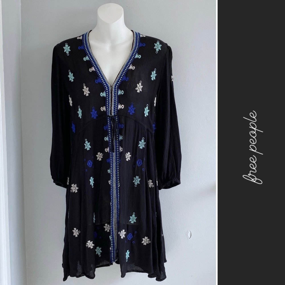 Free People Embroidered Long Sleeve Dress in Black & Blue • S